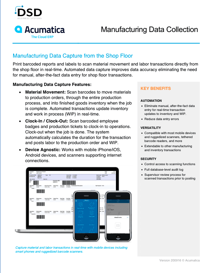 Acumatica Manufacturing Edition Manufacturing Data Collection (MDC