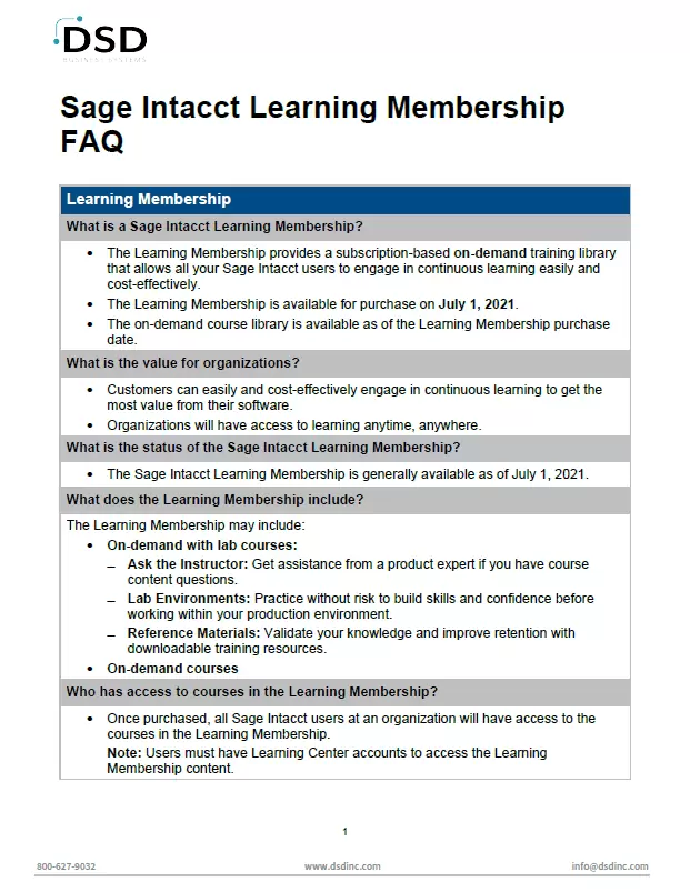 Sage Intacct Learning Membership FAQ Sheet