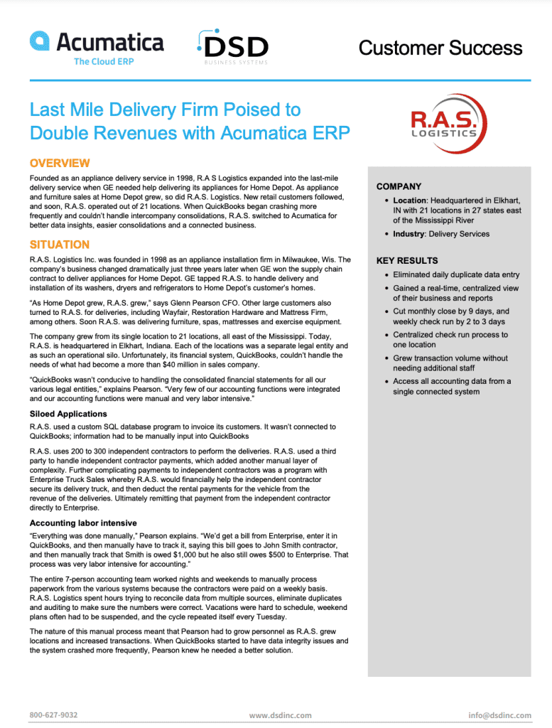Acumatica Success Story RAS Logistics DSD Business Systems