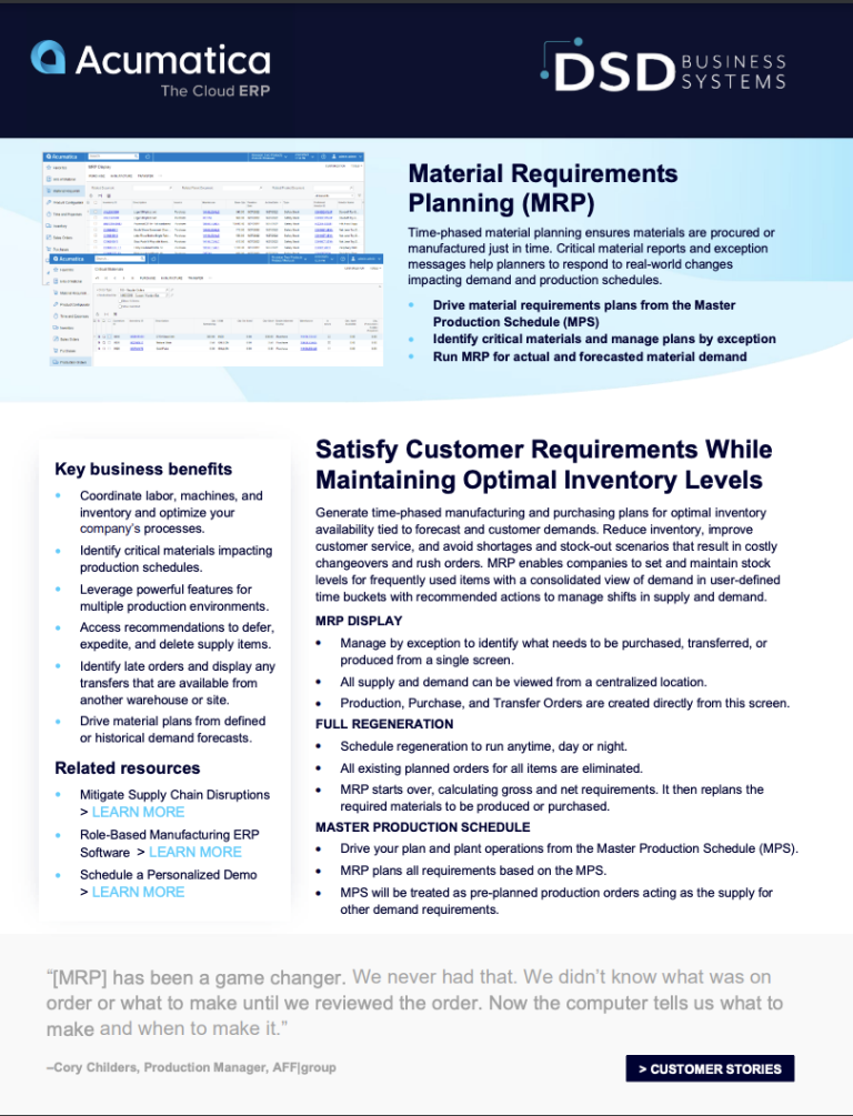 DSD + Acumatica Material Requirements Planning (MRP)