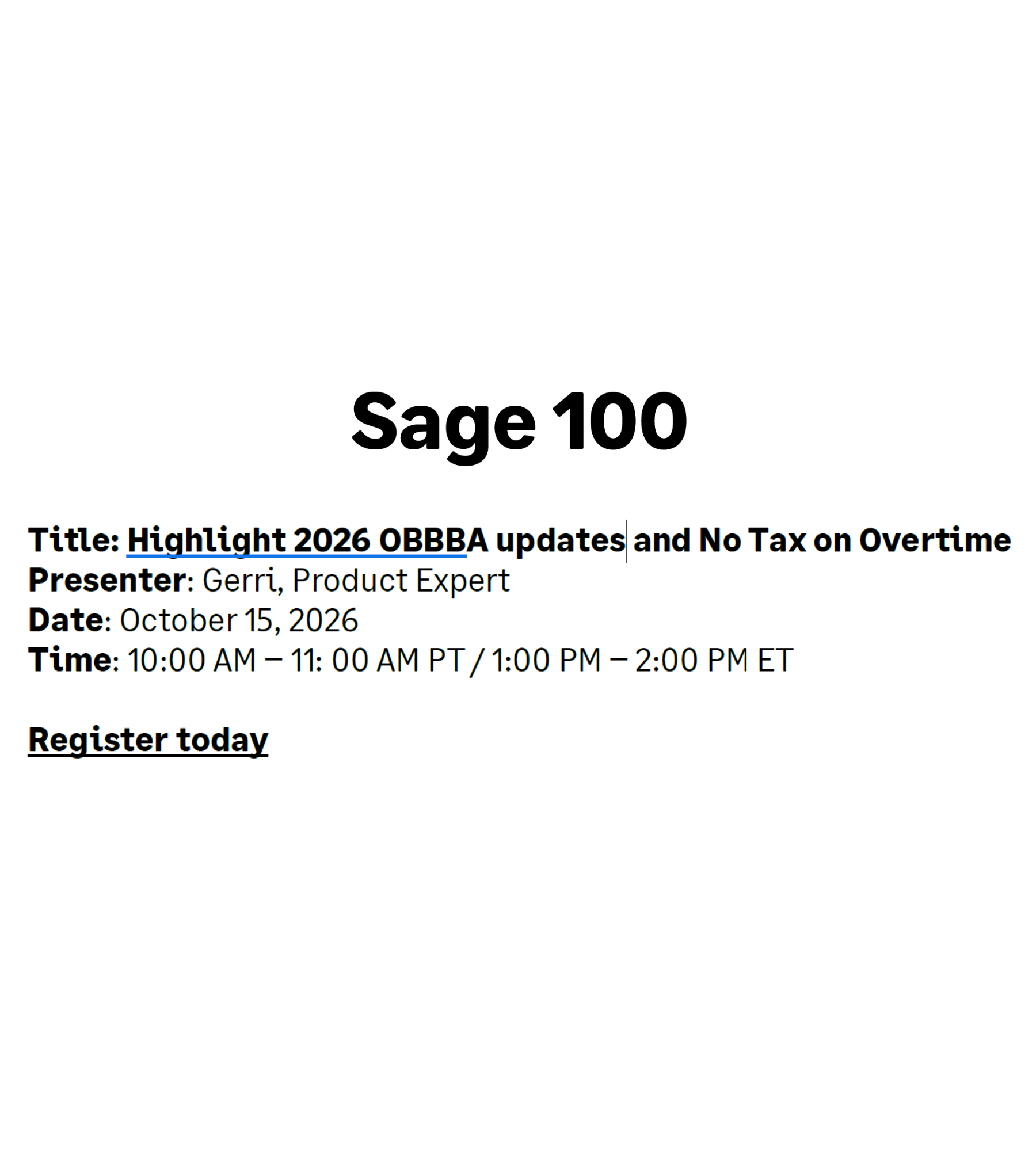 Sage 100 Webinar - Highlight on 2026 OBBBA Updates and No Tax on Overtime